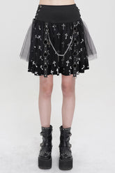 Jupe Punk Femme à Imprimé Croix en Tissu Tricoté Noir/Blanc avec Brides Latérales à la Taille et Chaîne Métallique Détachable